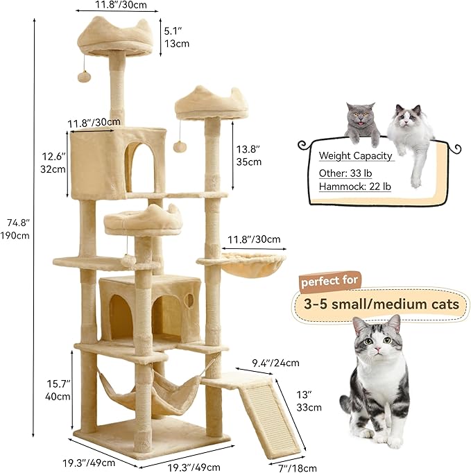 YITAHOME 75-Inch Tall Cat Tree Indoor: Multi-Level Kitten Tower with Kitty Condos, Top Perches, Sisal Ramp, Scratching Posts & Cozy Basket Hammocks Pet Play House Beige