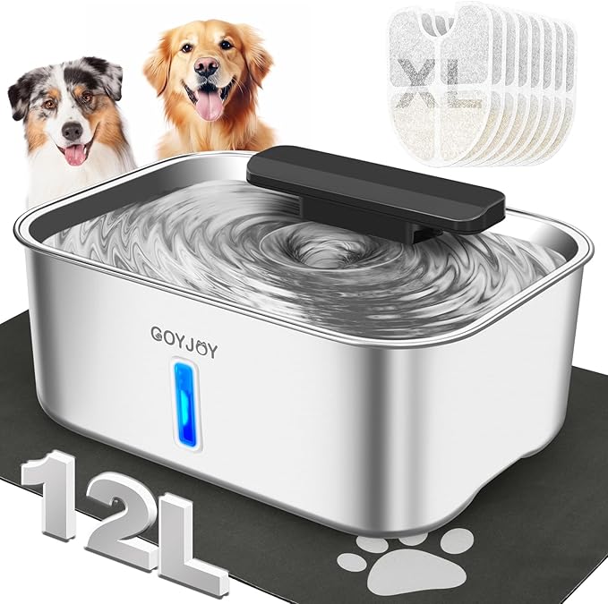 Dog Water Fountain for Large Dogs,3 Gallon Stainless Steel Dog Water Bowl Fountain,Large Pet Water Drinking Fountain with Deeper Drinking Area,Swirling Filtration Design with Fresher & Cleaner Water