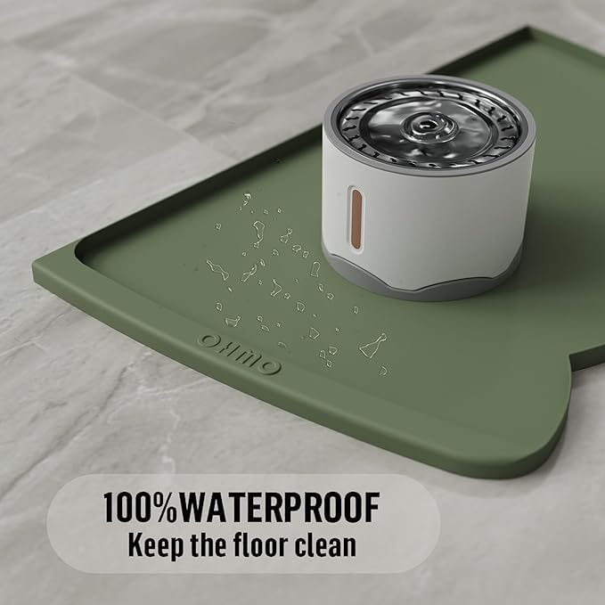 OHMO Dog Food Mat(Camo Green, 24 * 15'') w/Residue Collection Pocket Silicone Pet Feeding Mat for Floor High Edges Anti Spills Waterproof Cat Water Bowl Tray, Easy Clean Placemat