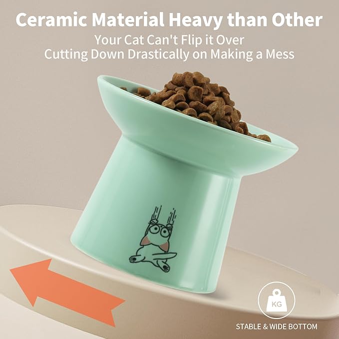 OMAYKEY 6.5 Inch Extra Wide Raised Cat Bowls, Ceramic Elevated Cat Bowl for Food and Water, Wide Shallow Cat Food Dish, Whisker Fatigue, Protect Spine, Lead & Cadmium Free, White & Green