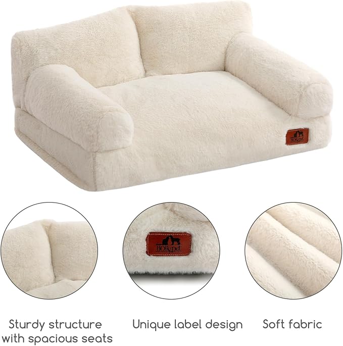 Hollypet Fluffy Plush Dog Cat Pet Couch Soft Calming Sofa Bed for Medium Small Cats and Dogs, Beige