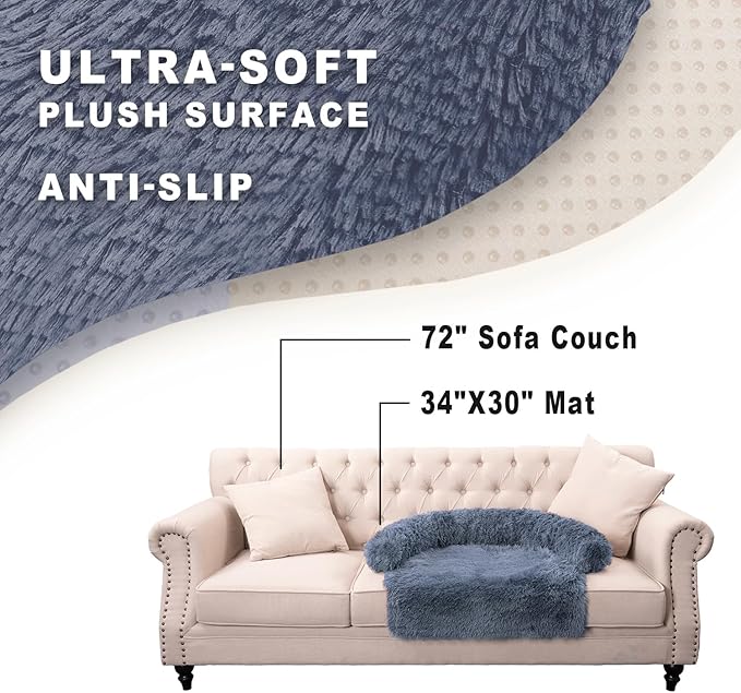 Calming Dogs/Cats Bed Mats, Dog Pad Washable Removable Couch Cover, Plush Long Fur Mat for Pets, Waterproof Lining, Perfect for Small, Medium and Large Dogs and Cats (Navy Blue, 34"x30")