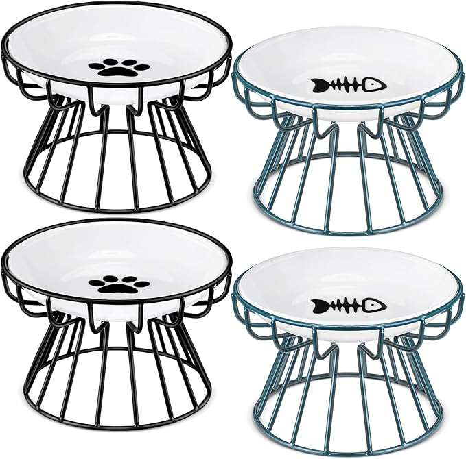 Roshtia 4 Sets Elevated Cat Bowls Ceramic Raised Cat Food Bowls with Metal Stand Dishwasher Safe Dishes Non Slip Elevated Food Plate(Black, Green,Fishbone, Paw)