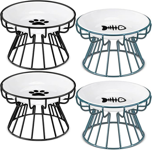 Roshtia 4 Sets Elevated Cat Bowls Ceramic Raised Cat Food Bowls with Metal Stand Dishwasher Safe Dishes Non Slip Elevated Food Plate(Black, Green,Fishbone, Paw)