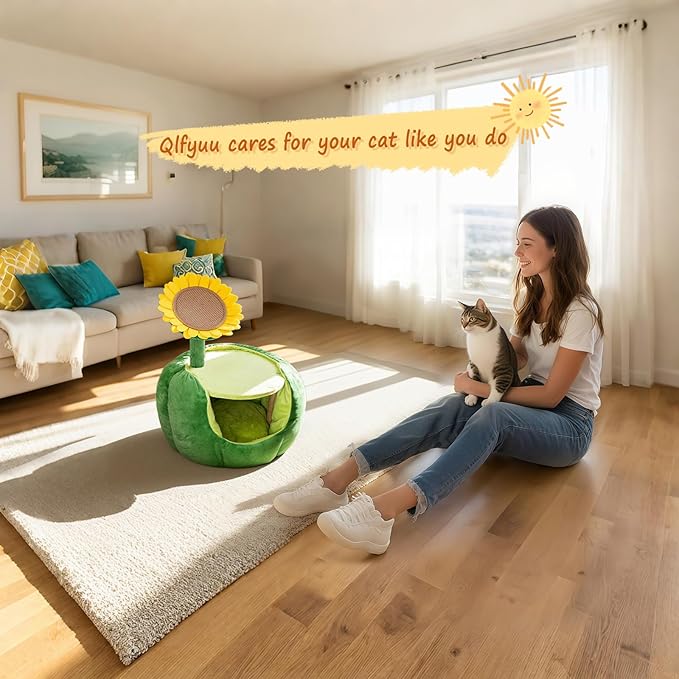 Cat Houses for Indoor Cats, Small Cat Tree with Sisal Mat and Plush Perch, Cute Cat Bed Cave with Soft Pillow, Sunflower Design