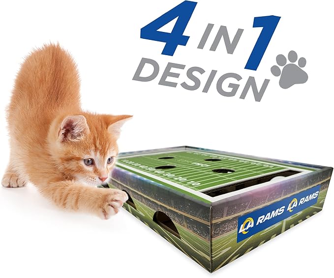 NFL Los Angeles Rams Football Stadium Cat Scratcher Find & Play Box With 2 Jingle Bell Balls - Game Day Toy, Field Felt Scratcher, Play and Lounge Stimulating Game