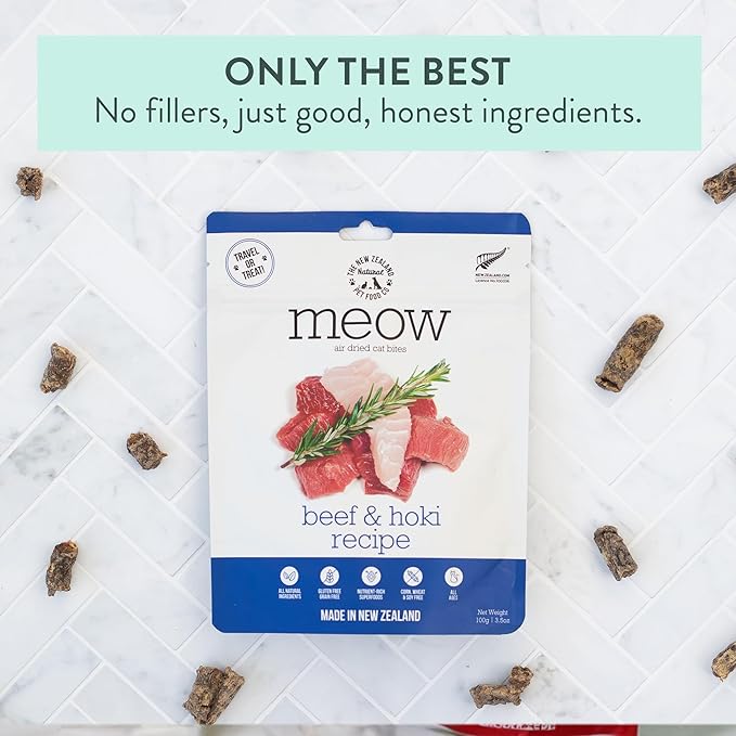 Meow Air Dried Cat Food - Beef & Hoki Recipe,High Protein Dry Cat Food, Training Treats, Meals & Toppers,3.5oz