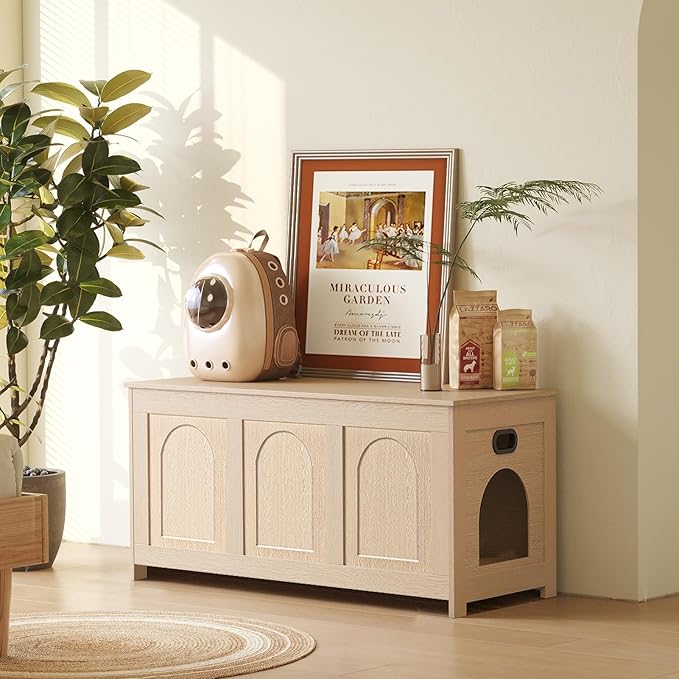 DINZI LVJ Cat Litter Box Enclosure, Flip Top Litter Box Furniture, Farmhouse Hidden Cat Washroom, Wooden Pet House, End Side Table, 39.4" L x 19.7" W x 19.7" H, Sturdy and Easy to Assemble, Natural