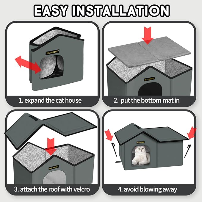 Rest-Eazzzy Cat House for Outdoor Cats, Weatherproof and Insulated Feral Cat House with Mat and Clip, Easy to Put Together, Selfwarming Cat Shelter for Winter(Grey, Waterproof House-L)