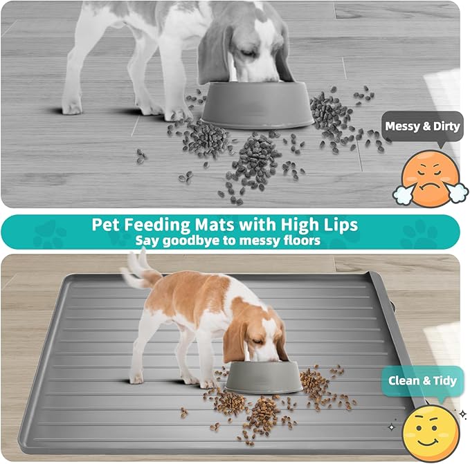 Dog Mat for Food and Water - 39.4" x 27" Large Pet Feeding Mats with Residue Collection Pocket - Waterproof Dog Cat Bowl Mat with High Edges to Prevent Water and Food Spills (Light Grey)