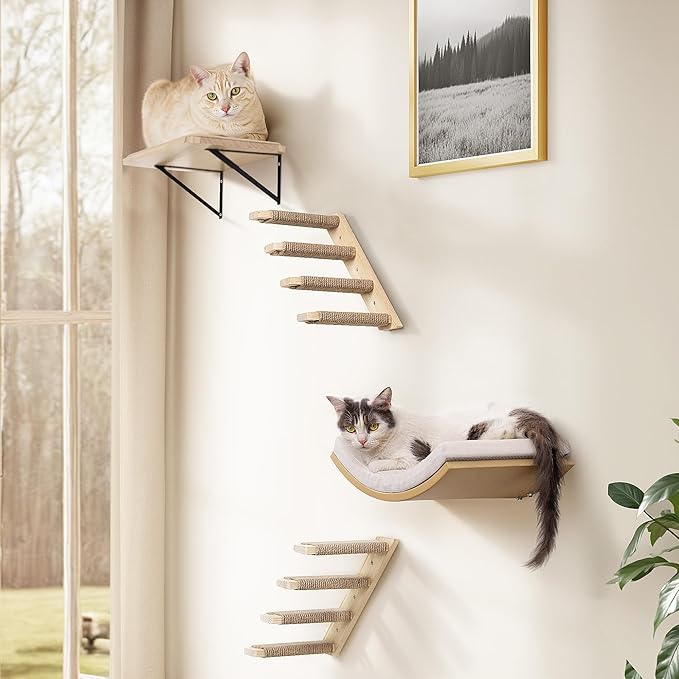 Cat Wall Shelves with Cats Window Perch – 4-Piece Wooden Cat Climbing Furniture Set with Soft Foam Curved Bed, Flat Shelf & 2 Wall 4-Steps Ladders