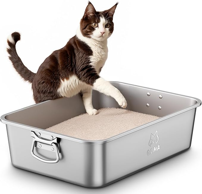 Stainless Steel Litter Box with Handle, Large Metal Cat Litter Box with High Sided for Big and Small Cats, Kitty Litter Boxes, Non-Stick, Easy to Clean, Odor-Free, Cat Toilet，Litterbox