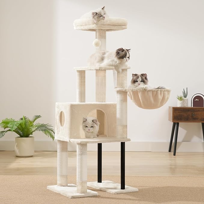 Heybly Cat Tree, 49.2 Inches Cat Tower for Indoor Cats, Spacious Cat House Condo with Hidden Space，Sturdy Steel Tube，Soft Plush Top Perch，Cozy Hammock and Sisal Scratching Posts, Beige HCT200SM