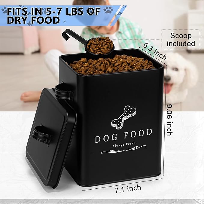 Meraki Home Small Dog Food Container and Dog Treats Container - Tight Lids - Feed Scoop and Pet Food Bowl - Farmhouse Metal Storage Bin - Matte Black