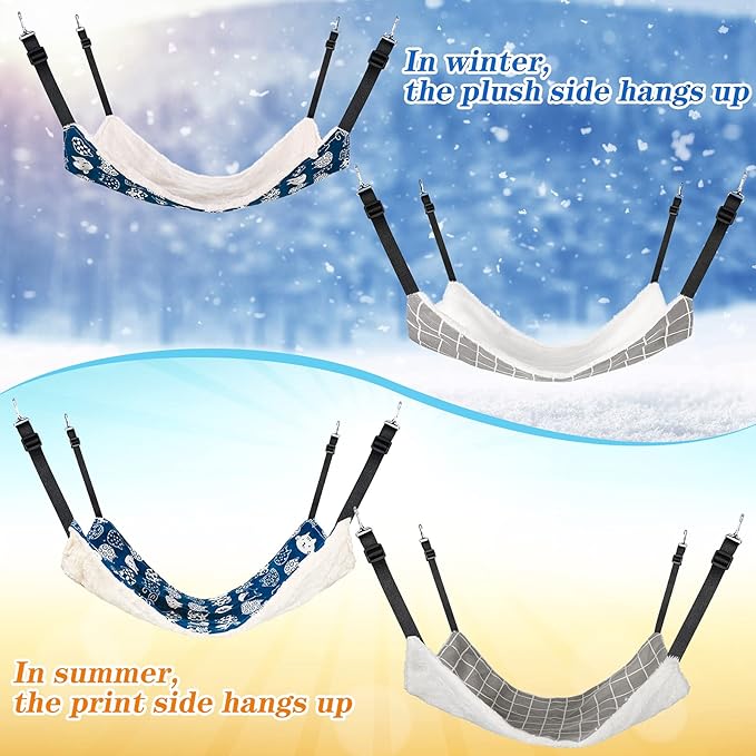 2 Pieces Reversible Cat Hanging Hammock Soft Breathable Pet Cage Hammock with Adjustable Straps and Metal Hooks Double Sided Hanging Bed for Small Dogs Rabbits(Cat and Plaid,S)