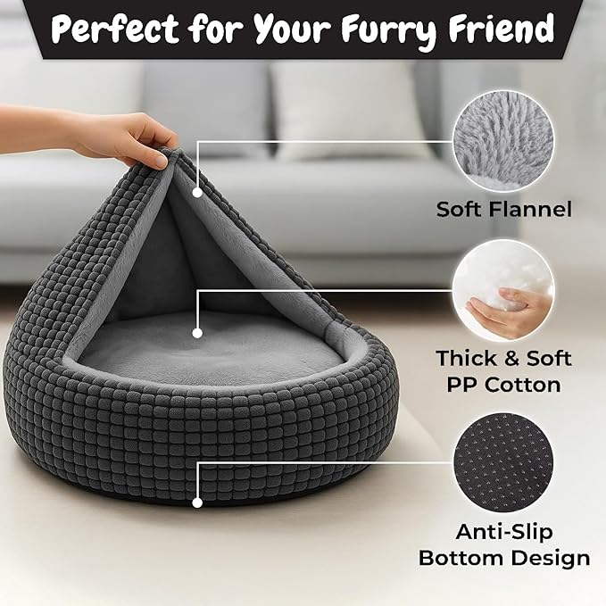 Soft Pet Bed for Small Dogs with Attached Blanket Cozy Donut Cuddler Anti-Anxiety Hooded Calming Orthopedic Round Puppy Washable Beds for Dogs and Cats (23" L x 23" W x 6" H)