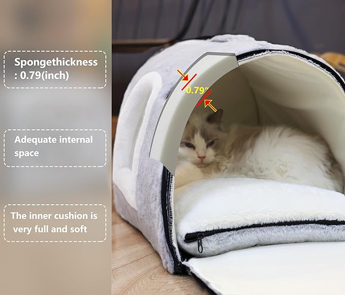 cat Bed cave-cat beds for Indoor Cats,Soft and Comfortable,Cute cat House,with Removable Washable Cushioned Pillow,Enclosed cat Bed,Kitty pet hut、Hideaway,Small Dog Tent,Grey