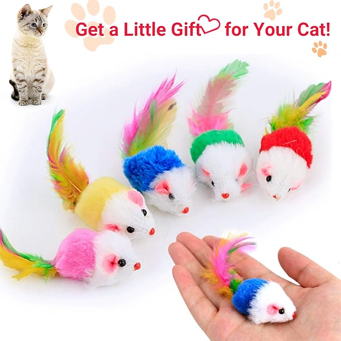 Cat Toys, 6 Pack Furry Rattle Mouse Toy Interactive Cat Toy with Feather Tail, 6 Assorted Faux Fur Kitten Toy 5.5” Realistic Size Mini Mice Cat Toy for Bored Indoor Adult Cat
