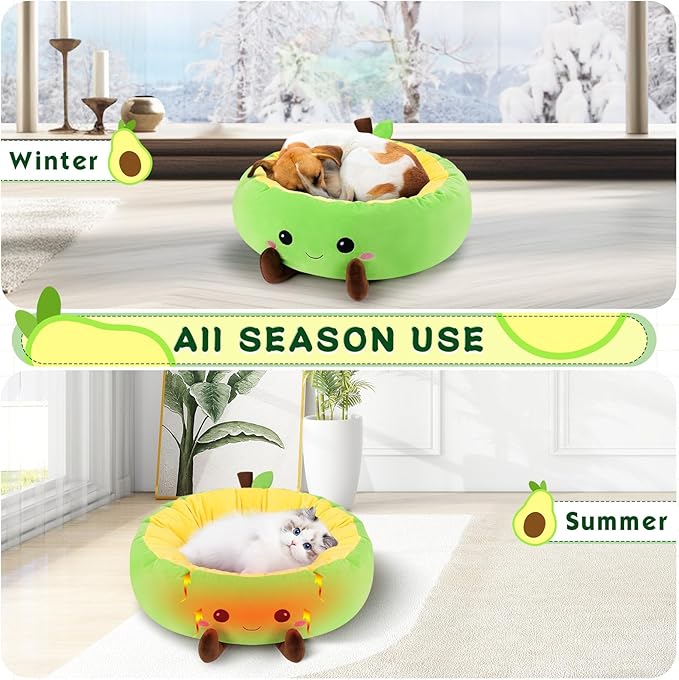 Avocado Heated Cat Bed - Cute Round Dog Bed, Warming Pet Bed for Indoor Cats & Small Dogs, Washable Calming Nest with Heating Pad & Timer, Green Pet Heating Pad for Cats and Dogs