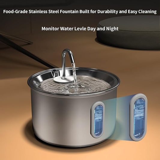 Stainless Steel Cat Water Fountain, 3L/101oz Pet Water Fountain, Dog Waterer with Quiet Pump and 4-Layer Filtration for Cats and Dogs
