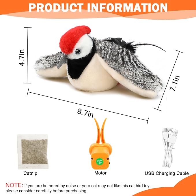 Tocirelo Flapping Bird Cat Toy - Chirping Bird Cat Toy Flapping Wings for Bored Indoor Cats, Interactive Simulated Flying and Realistic Flappy Bird, Touch Activated 7.1" Kitten Kicker Toy with Catnip