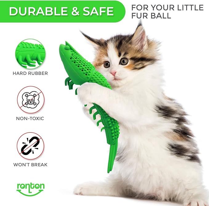 Ronton Cat Toothbrush - Durable Hard Rubber Cat Dental Care, Interactive Toothbrush Chew Toy (1 Pack Green (Shrimp))