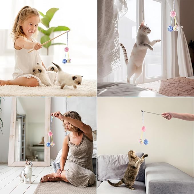 TUSATIY 9PCS Cat Ball Toy, Multi-Colored Cats Fuzzy Balls & Woolen Yarn Kitten Toys Balls with Bell Inside,Soft Interactive Cat Toys for Indoor Cats Self Play