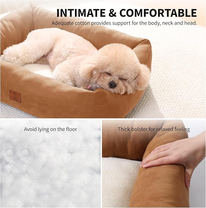 25In Dog Bed for Small Medium Sized Dogs - Washable Rectangle Puppy Bed for Indoor Outdoor, Cozy Pet Bed with Support Pillow & Non-Slip Bottom(Brown, Medium)