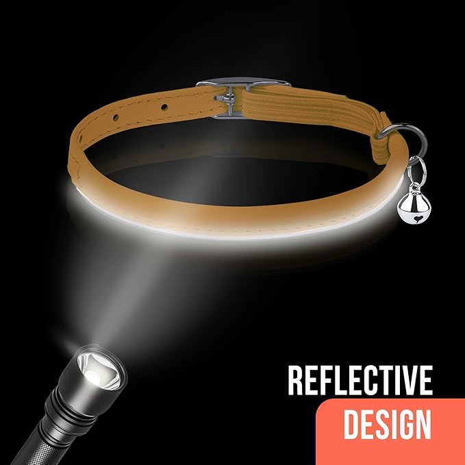 OOPSDOGGY Rolled Leather Cat Collar with Bell, Reflective Kitten Collars with Buckle Include Safety Elastic Strap - Adjustable Small Pet Collars for Boy Girl Cats (Yellow)