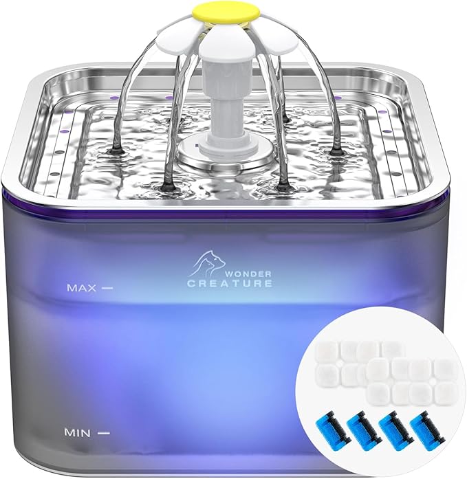 Crystal Cat Water Fountain Stainless Steel with 4 Filters and 4 Sponges, 101oz/3L Pet Fountain with LED Light for Cats and Dogs (Grey)