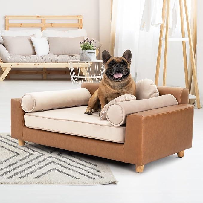 dCee Luxury Dog Sofa Bed, Luxury 42" Leather Pet Couch for Large Dogs, Washable Velvet Cushion, Sturdy Wooden Frame, Anti-Slip Design, Joint Support, Comfortable and Stylish for Pets Up to 160 Lbs