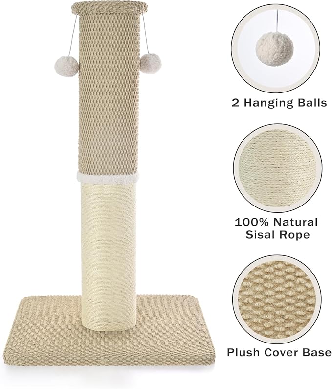 Made4Pets Tall Cat Scratching Post, Heavy Duty and Thicker Scratching Posts for Indoor Cats Adults, 33" Natural Sisal Cat Scratcher with Hanging Balls, Sturdy Base Cat Scratch Post, Beige