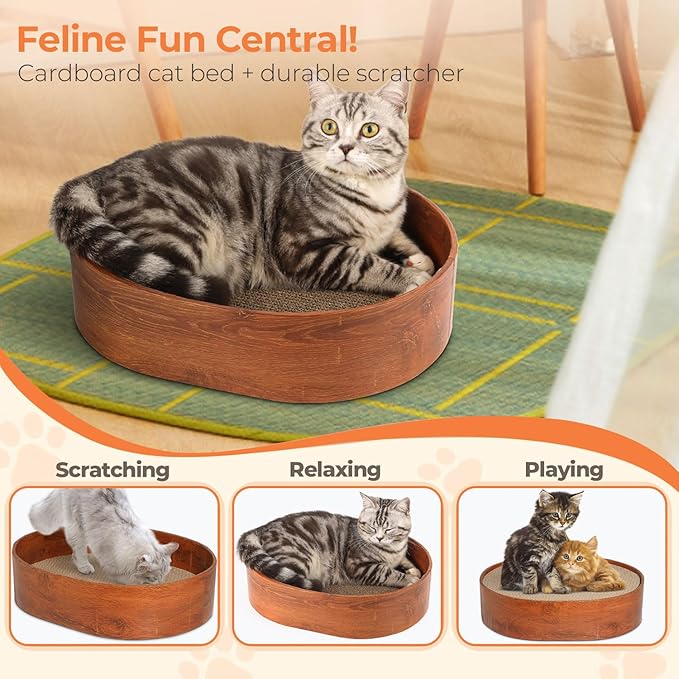 3 Pcs Cat Scratching Board with Box, 2 in 1 Cardboard Cat Scratchers Bed for Indoor Cats, Round Scratch Bowl with Thicker Double-Sided Pad for Cats' Scratch Need
