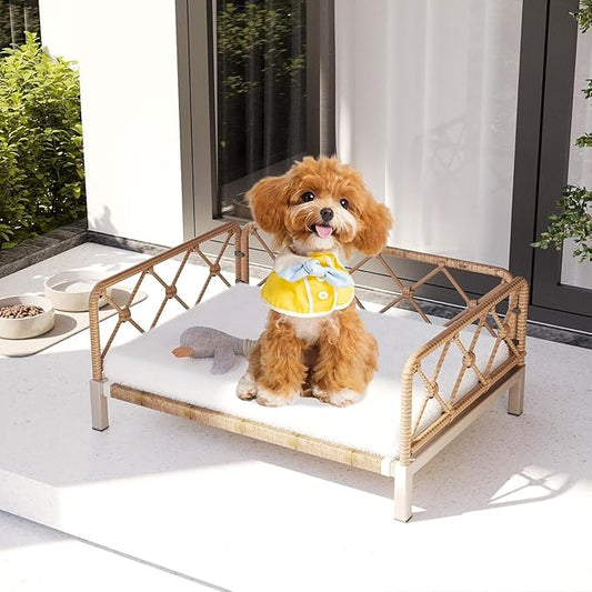 Outdoor Wicker Dog Bed Indoor Rattan Dog Sofa with Soft Cushion (Brown Wicker/White Cushion, Small)