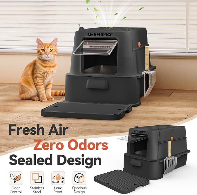 Enclosed Stainless Steel Cat Litter Box with Odor Control, Modular Design with Drawer and Flip Door, Easy to Clean and Wash,Non-Stick Interior,Extra Large Size Fits All Cats(Black)
