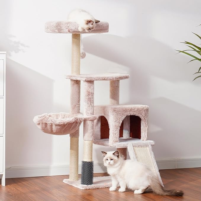 Heybly Cat Tree with Cat Self Groomer Brush, Cat Tower Condo for Indoor Cats with Padded Plush Perch, Cat House with Basket Scratching Board Post, Muchroom HCT005SMU