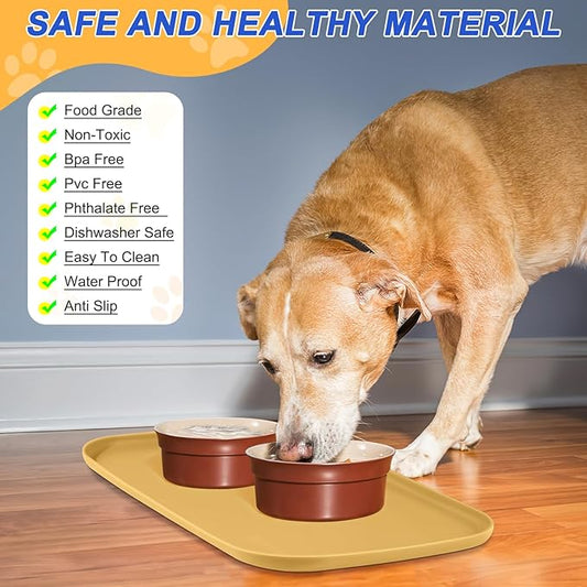 Silicone Pet Feeding Mat with Raised Edge for Food and Water, Dog Bowl Mats, Cat Bowls Placemat with High Lip for Floor Waterproof, Rubber Tray for Cats and Dogs 24 x 16 x0.8 Beige