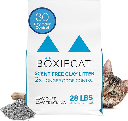 Boxie Unscented 30 Day Odor Control Clumping Clay Cat & Kitty Litter 28 lb, 99.9% Dust-Free, Hard Flat Top Clumps, No Fragrances No Fillers, Long-Lasting, Easy to Scoop