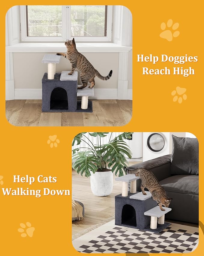 3-in-1 Pet Stairs for Cats, Dog Steps for Small Doggie, 6.29''Depth Cat Stairs, Indoor Cat Ladders for High Bed for Pet's Joints,Soft Plush, 1 Cat Condo Cave, Sisal Scratching Posts, Grey, Medium