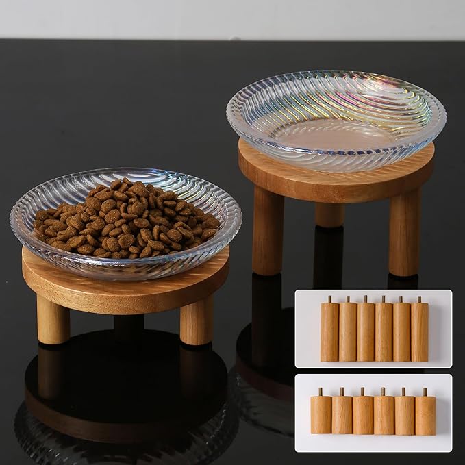 Cat Bowls Whisker Friendly with Wooden Stands. Raised Elevated Glass Whisker Fatigue Cat Bowl for Indoor Cats. 2PCS (Rainbow Colors)