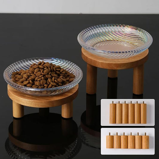 Cat Bowls Whisker Friendly with Wooden Stands. Raised Elevated Glass Whisker Fatigue Cat Bowl for Indoor Cats. 2PCS (Rainbow Colors)