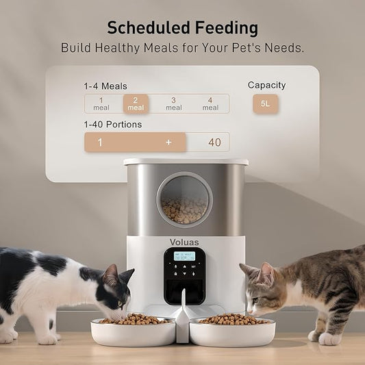 VOLUAS Automatic Cat Feeders for Two Cats,Stainless Steel 5L Pet Feeder for Cats and Dogs Timed Cat Feeder Pet Dry Food Dispenser, White
