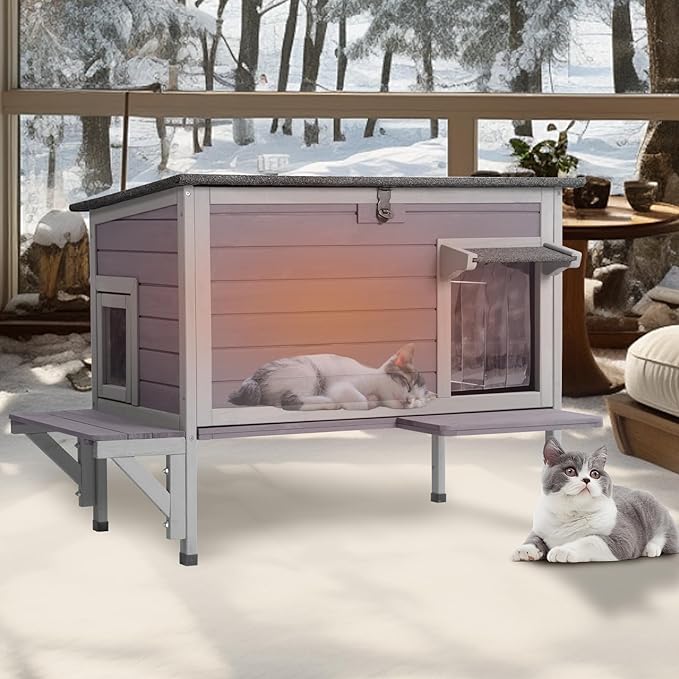GUTINNEEN Large Outdoor Cat House Insulated Weatherproof, Triple-Layer Design Feral Cat Shelter with All-Round Thermal Liner, Openable Roof & Secure Escape Doors for 1-3 Cats (Winter-Ready)