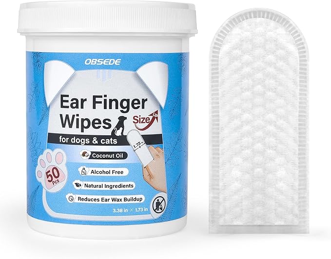 OBSEDE Extra Large 1.73" Dog Ear Wipes & Cat Ear Cleaner – Wider Finger Wipes for Quicker Easier Cleaning Soothes Itch Controls Odor Reduce Wax Regular Grooming Gentle Coconut Scent, 50 Count