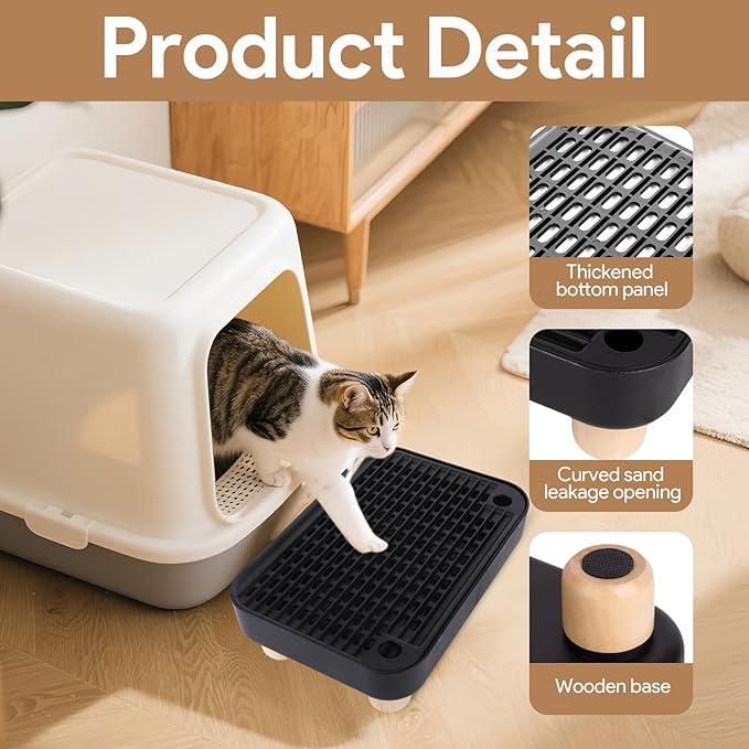 Cat Ramp Litter Box Step, Small Senior Cat Litter Box Mats Ramp for Floor with Wooden Base, Low Entry Cute Cats Food Mat Stairs Prevent Tracking, Silicone Small Litter Boxes Shield Catcher Mat Black