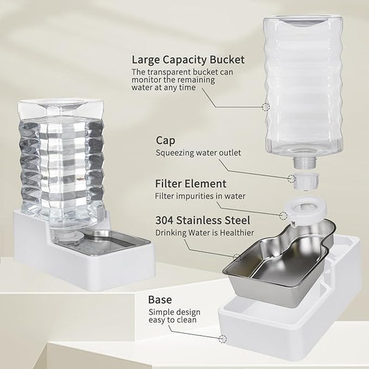 Sfozstra Large Gravity Water Dispenser: 9L Automatic Dog White Water Feeder with Stainless Steel Bowl -100% BPA-Free - Two Caps and Filters for Busy Owners