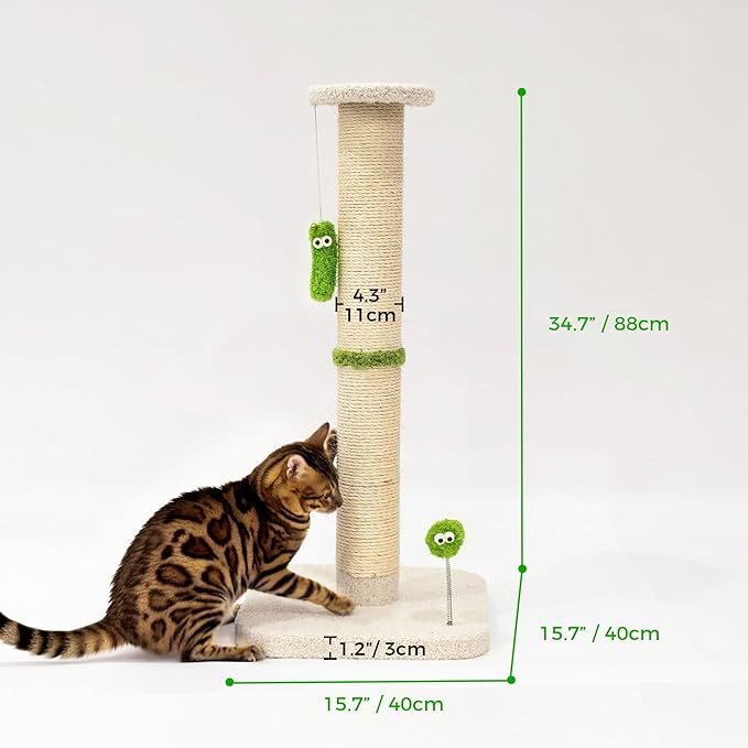 TINYBEAST 34.7" Tall Cat Scratching Post, 3 in 1 Heavy Duty 4.3" Diameter Natural Sisal Post with Hanging Bell Ball, Reinforced Stable Base for Indoor Adult Cats and Kittens(Beige)