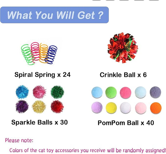 100Pcs Cat Toys Assortment - Interactive Kitten Toy Bundle with Sparkle Balls, Premium Silent Soft Pom Poms, Crinkle Balls & Spring Toys for Indoor Cats & Kittens