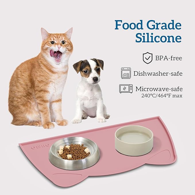 OHMO - Cat Food Mat, Silicone Pet Feeding Mat for Floor Non-Skid Waterproof Dog Water Bowl Tray, Easy to Clean Pet Placemat (Pink, 20 * 12'')