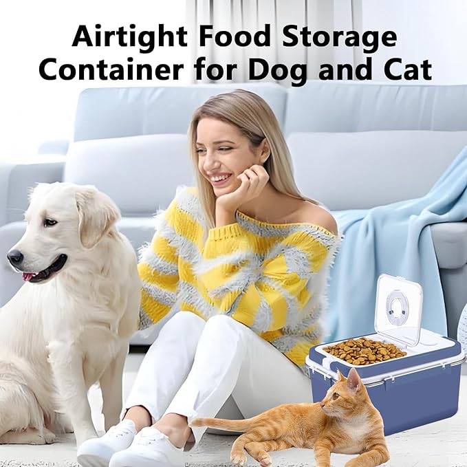 Sanbo Dog Food Storage Container Stainless Steel with Scoop, Airtight Pet Metal Food Storage Bin,Cat Food Canister,Storage Box with Date Tracker for Kitchen (Blue, 10L)